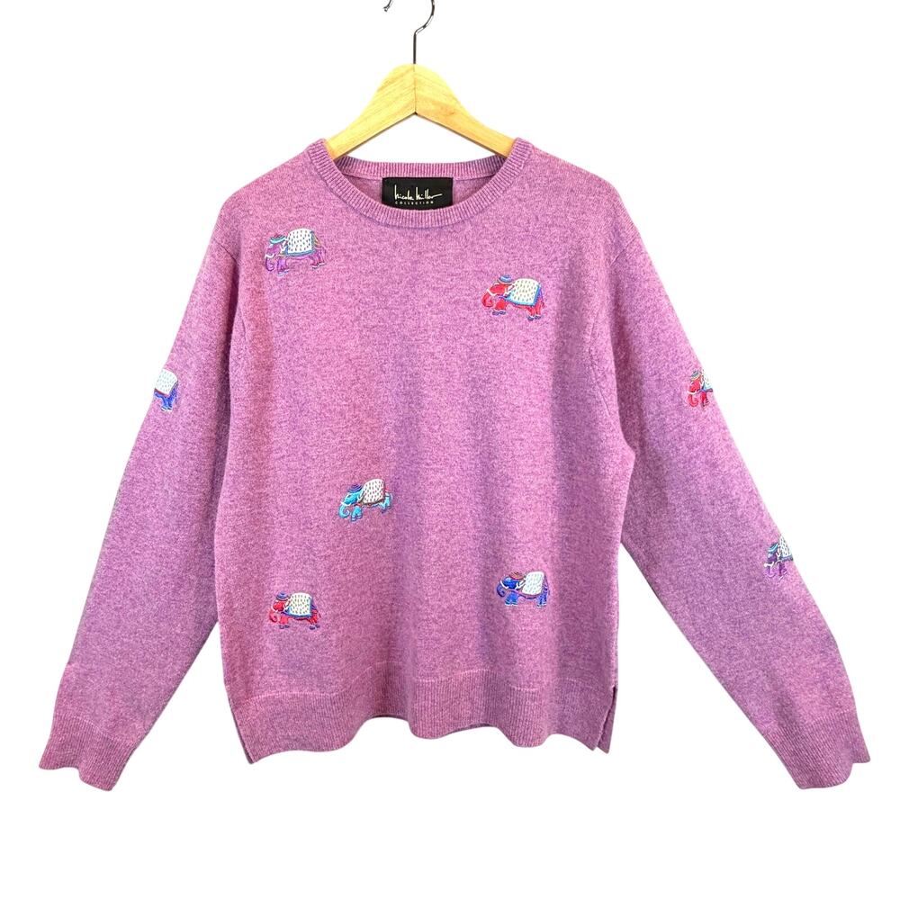 100% Cashmere Nicole Miller Collection Lilac Elephant Sweater Size L